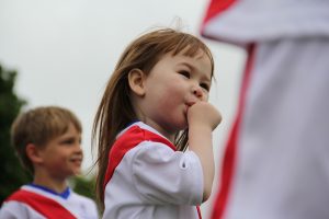 Kiddikicks little girl sucks her thum at Toddler Football Class. Kiddikicks now has a new indoor Isle of Dogs football classes for kids