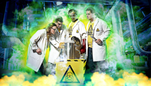 The Brainiac's madcap performance packed with awe inspiring science is back with Brainiac Live - A group of men and one women in lab coats gather round and experiment with billowing greein and yellow clouds