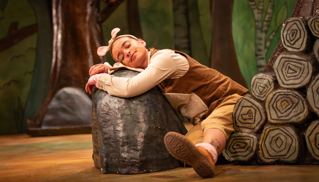 Alt text: An actor in a brown mouse costume with felt ears on a headband rests sleepily against a large grey rock on a woodland-themed stage set, surrounded by painted trees and stacked logs.