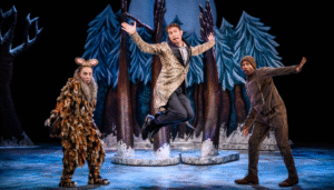 Gruffalo's Child L-R Harriet Waters, Maxwell Tyler & Samuel Tracy in costume as the Gruffalo, the mouse and the snake